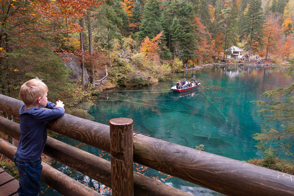 Child looking out over Lake Blausee, Switzerland