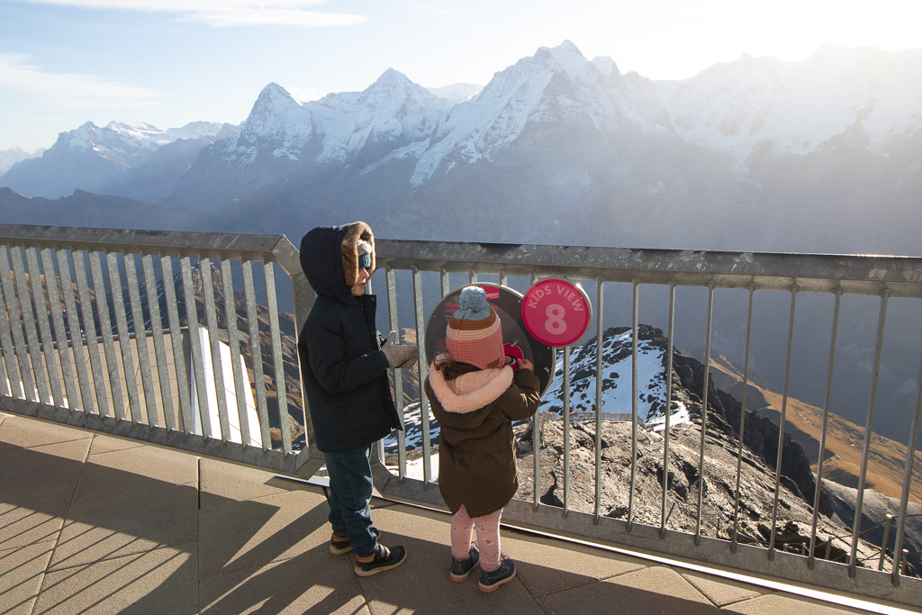 Children enjoying viewpoint from Birg, Schilthorn, Switzerland